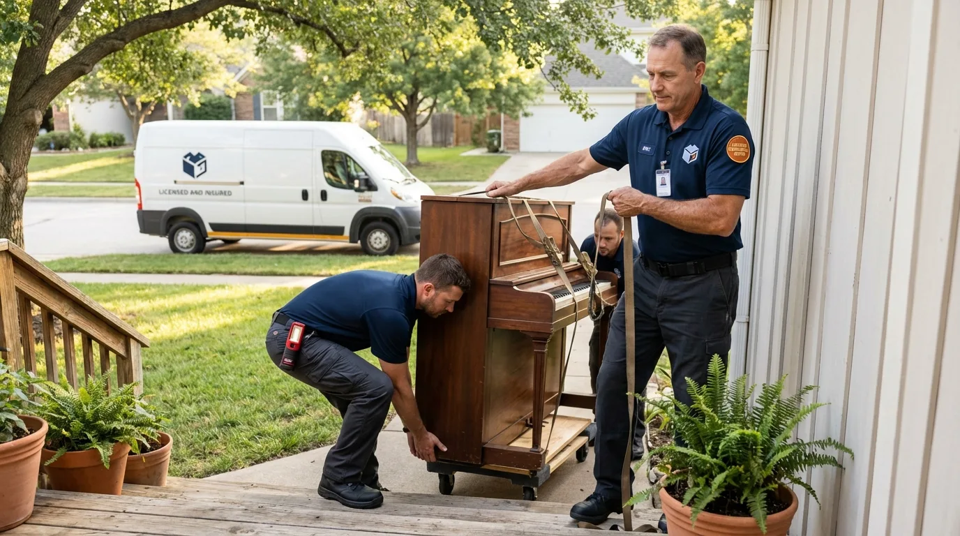 Licensed piano movers securing grand piano in Camden, NC