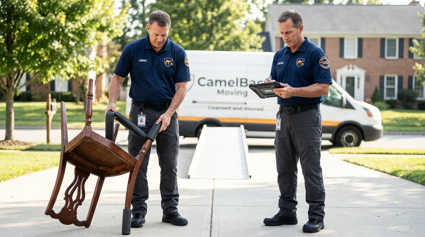 Movers inspecting furniture for damage prevention before loading in Camden, NC