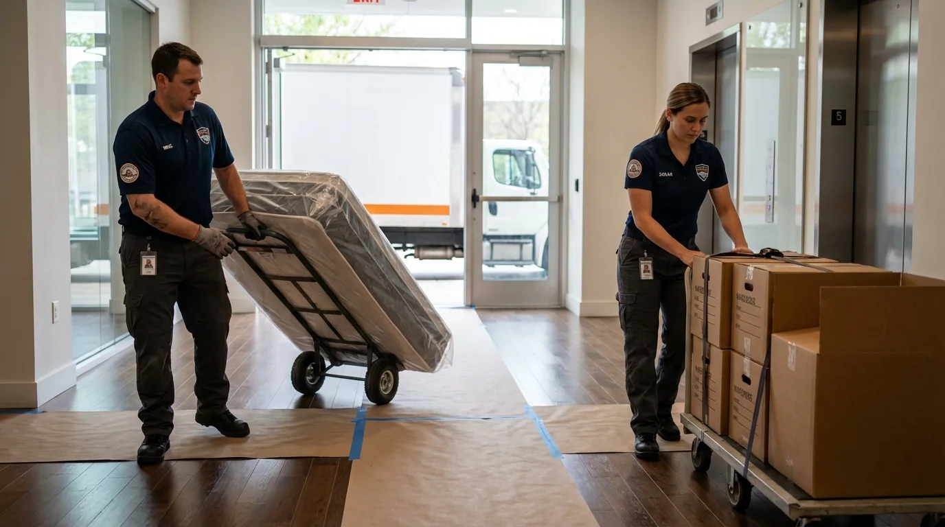 Professional apartment movers loading elevator in Camden, NC