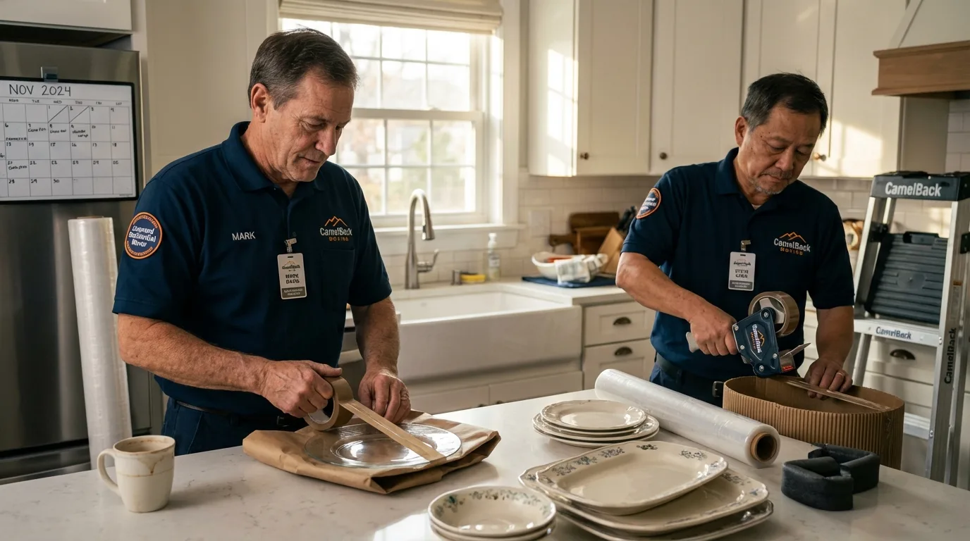Professional crew packing kitchen dishware in Camden, NC
